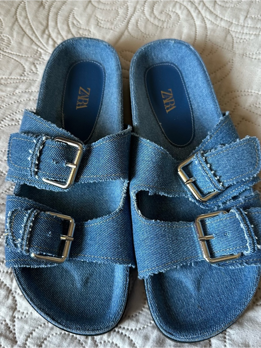 Zara Blue Denim Double-Buckle Slides